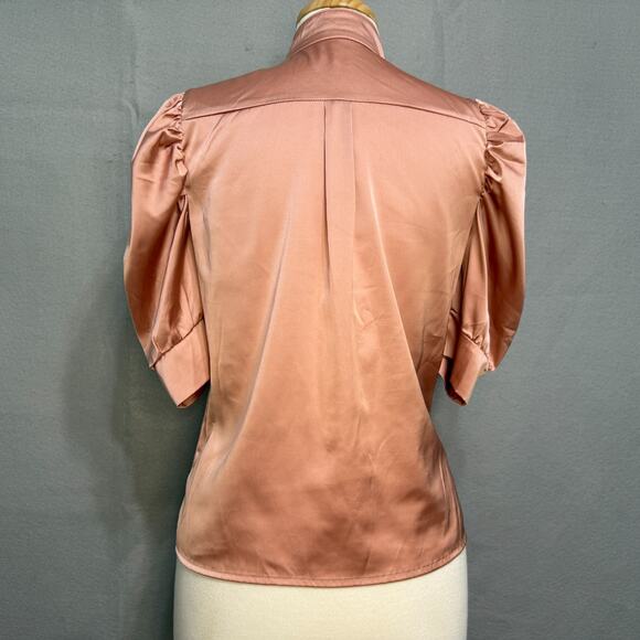 WHY Dress Womens Pink Satin Top Size S Puff Sleeve Feminine Button Timeless Luxe - Picture 3 of 5